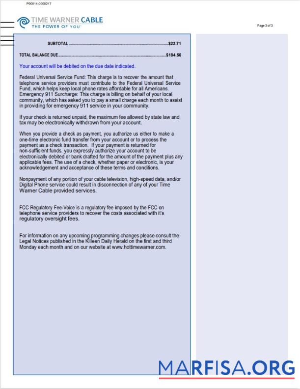 Downloadable USA Time Warner Cabel utility bill, Word and PDF template, 3 pages 3